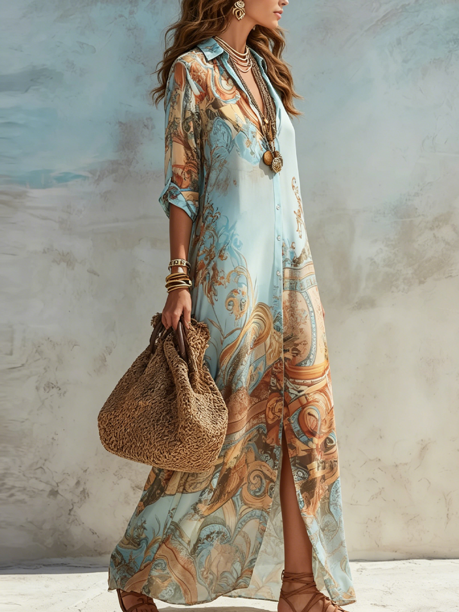 Lien | Mediterrane Blousejurk - Blauw