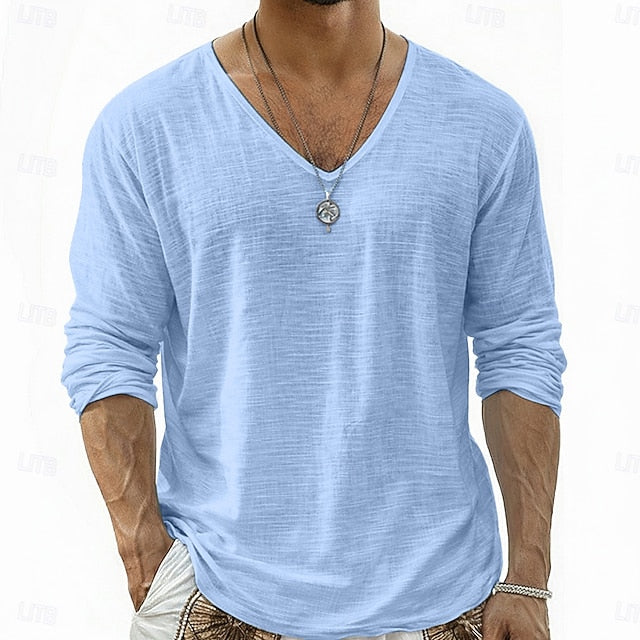Lars Linnen V-Hals Longsleeve Shirt Lichtblauw