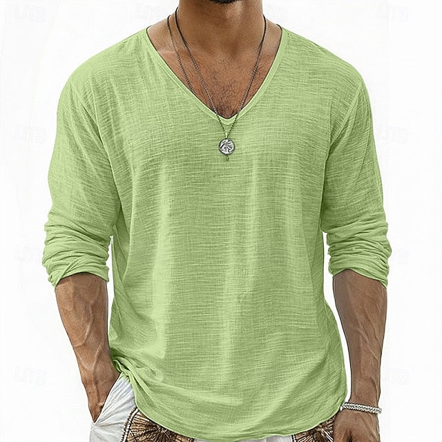 Lars Linnen V-Hals Longsleeve Shirt Groen