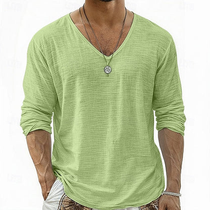 Lars Linnen V-Hals Longsleeve Shirt Groen