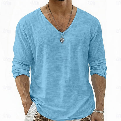 Lars Linnen V-Hals Longsleeve Shirt Meersblauw