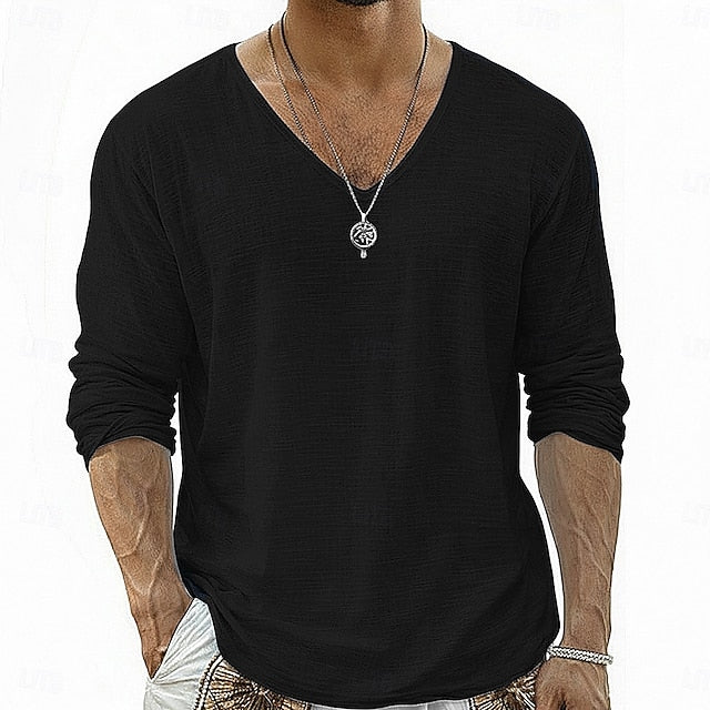 Lars Linnen V-Hals Longsleeve Shirt Zwart