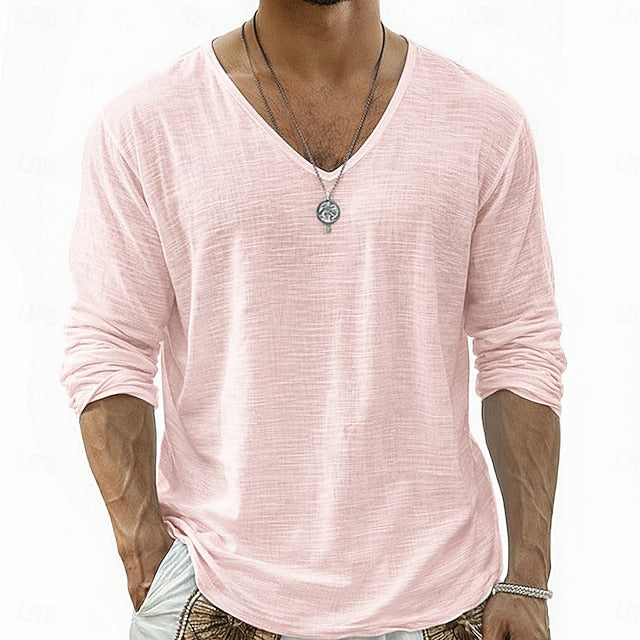 Lars Linnen V-Hals Longsleeve Shirt Roze